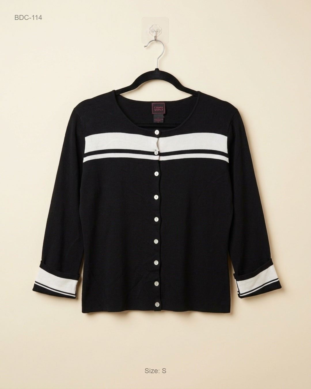 Shop Premium Button Down Cardigans by Color works | Preloved Branded Clothes | Black & Offwhite Rayon | Women | OTS Thrift Store Peshawar Pakistan