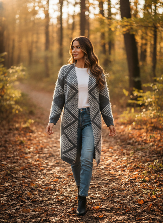 Grey & White Winter Long Cardigan by Unknown (LC-31)