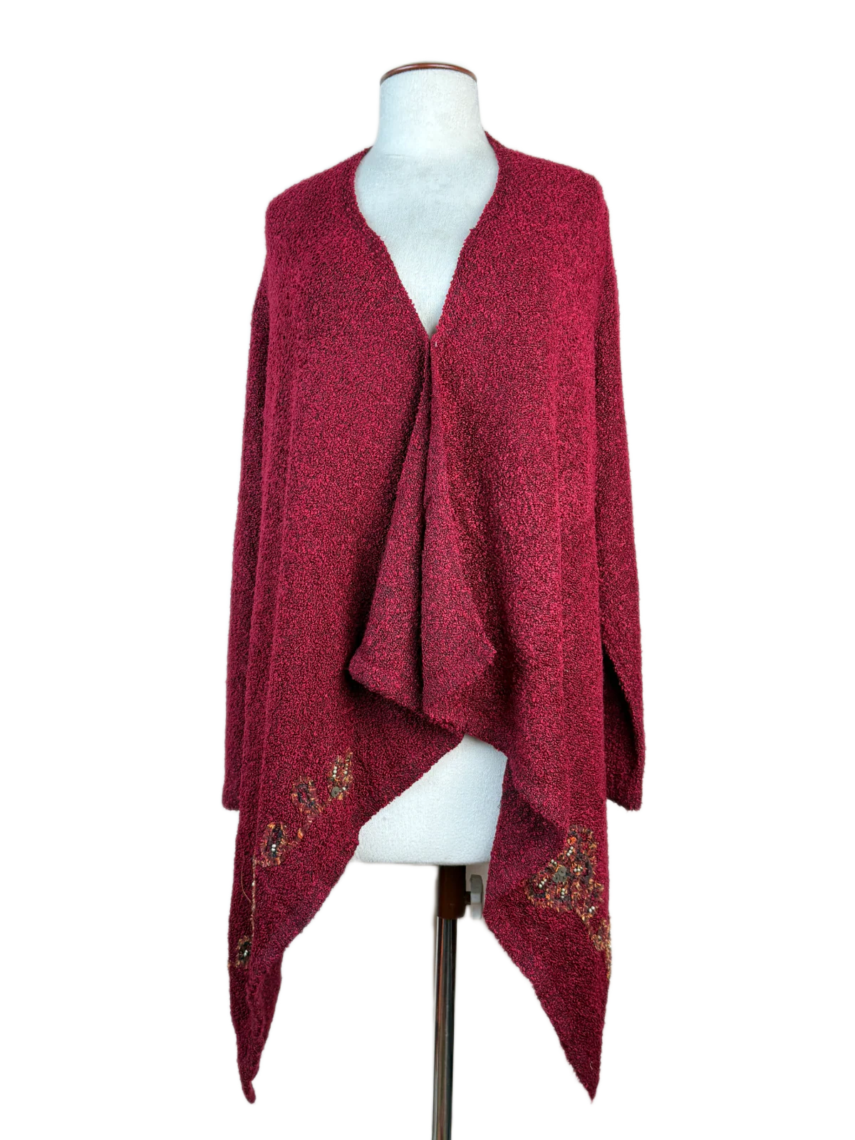 Shop Premium Winter Long Cardigans by Frank Saul | Preloved Branded Clothes | Maroon Acrylic | Women | OTS Thrift Store Karachi Pakistan