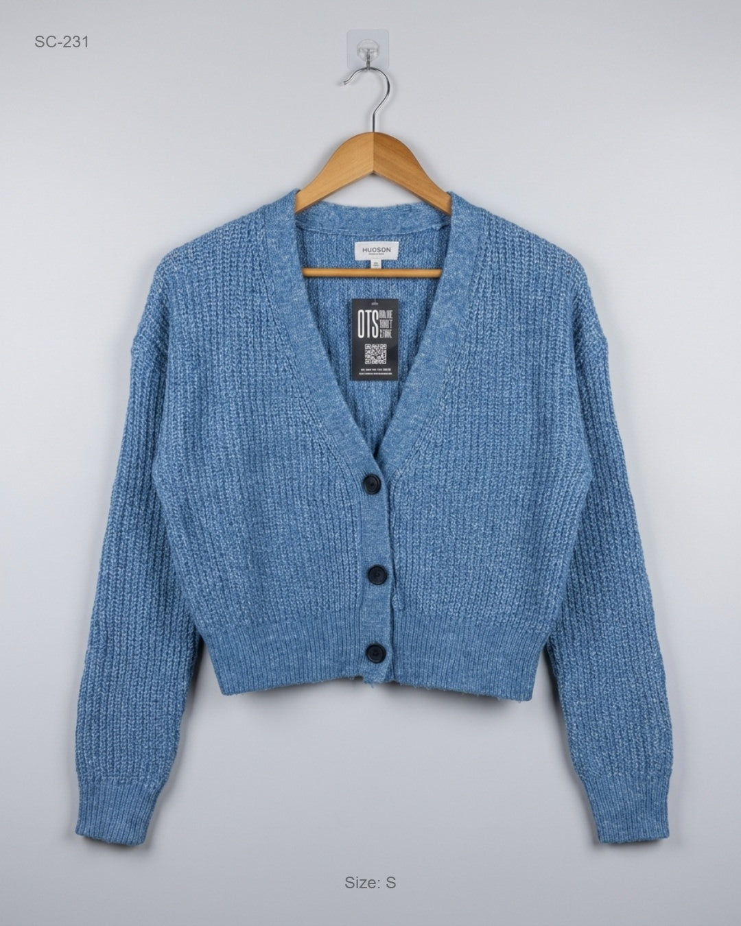Shop Premium Short Cardigans by Hudson | Preloved Branded Clothes | Blue Acrylic | Women | OTS Thrift Store Islamabad Pakistan