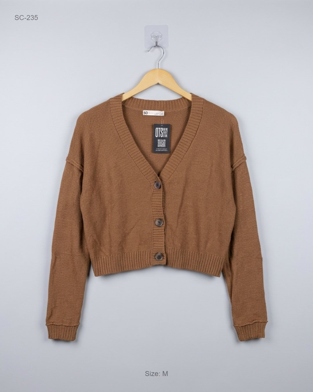 Shop Premium Short Cardigans by SO | Preloved Branded Clothes | Brown Acrylic | Women | OTS Thrift Store Karachi Pakistan