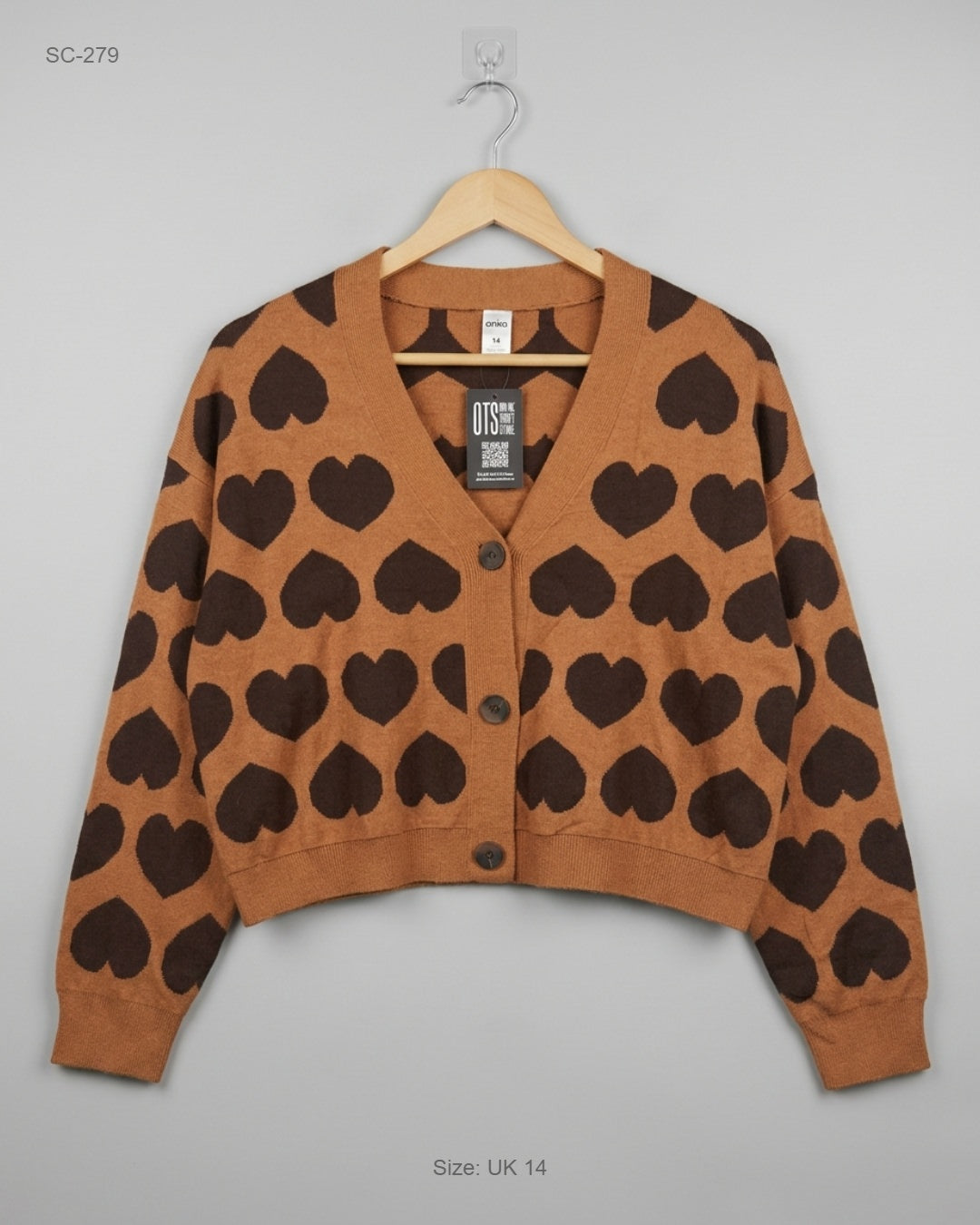Anko Brown Heart Pattern Button-Down Cardigan buy preloved clothing online Pakistan
