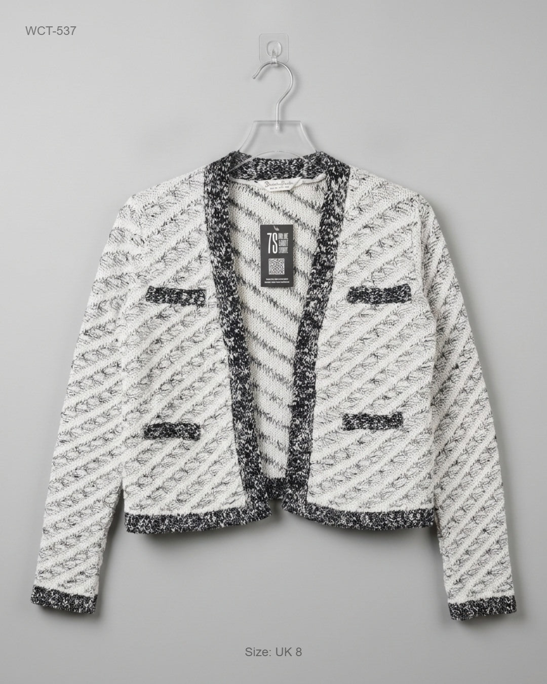 Miss Selfridge Black & White Textured Open-Front Cardigan buy preloved clothing online Pakistan