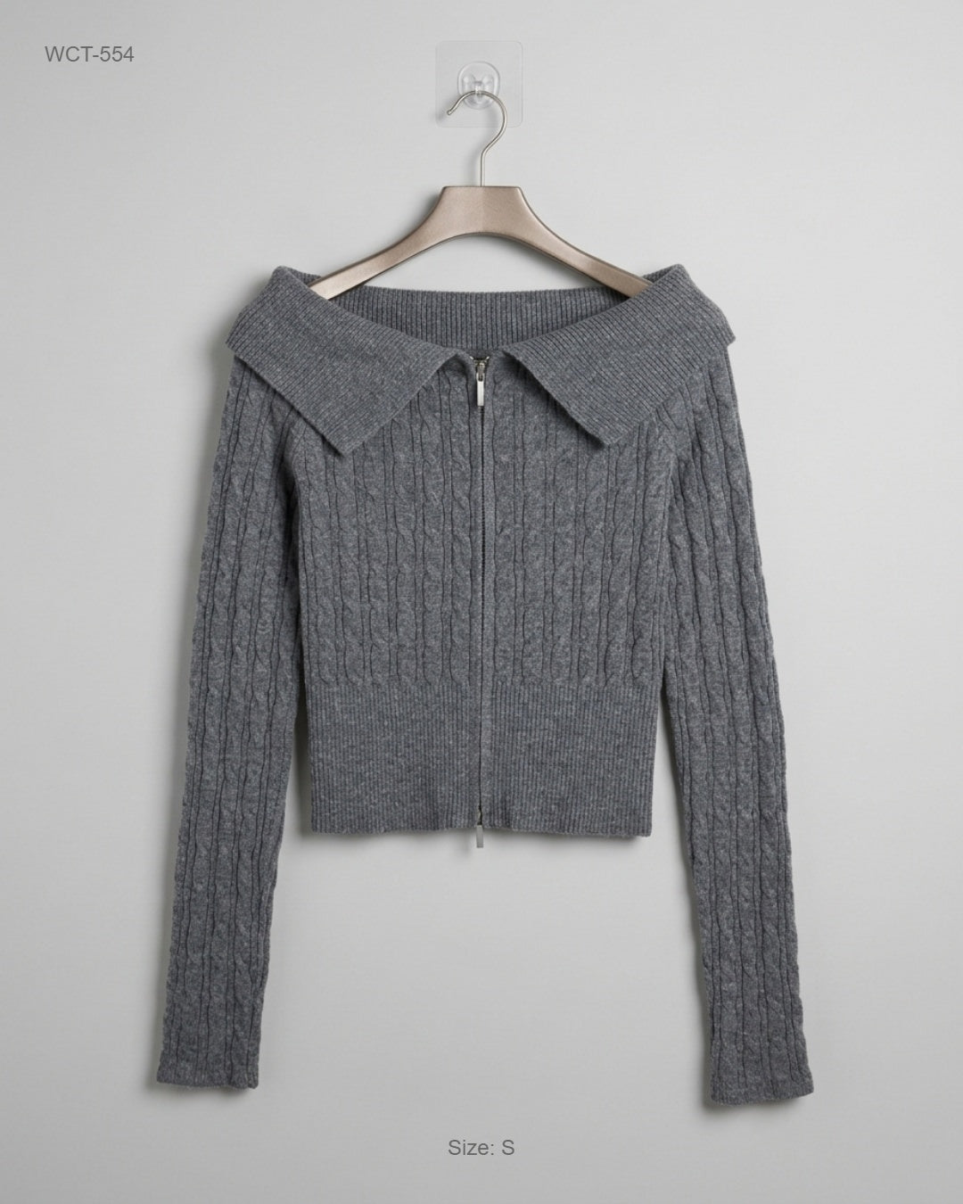 Bershka Gray Off-The-Shoulder Cable-Knit Zip-Up Cardigan buy preloved clothing online Pakistan