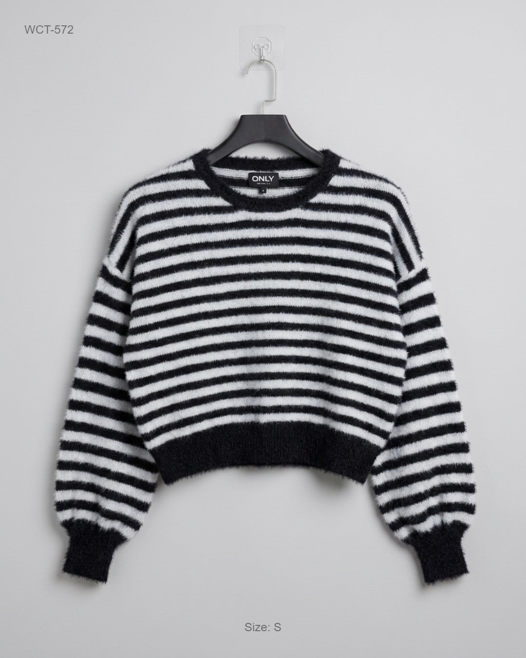 ONLY Black & White Striped Fuzzy Crop Sweater buy preloved clothing online Pakistan