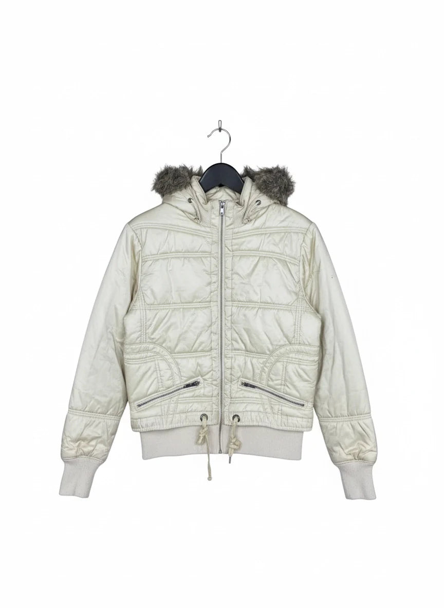 Shop Excellent Bomber & Puffer Jackets by claire dk | Preloved Branded Clothes | Beige Polyester | Women | OTS Thrift Store Peshawar Pakistan