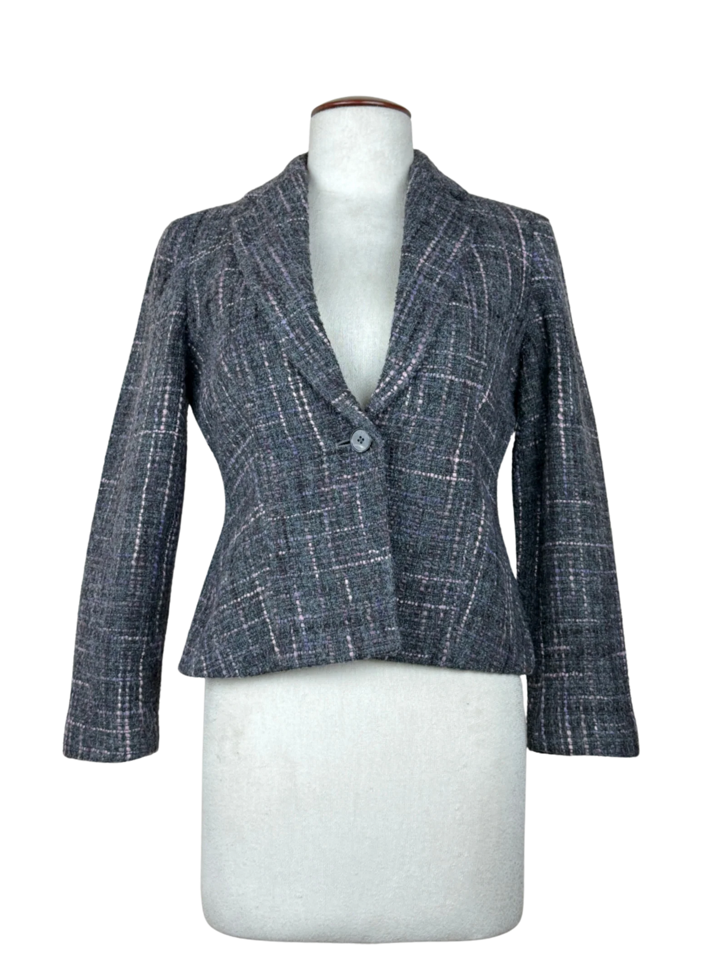 Preloved Premium Plus Women Bolero Coatt by Marks & Spencer, Grey Purple Wool for Womens - OTS Thrift Shop Peshawar Pakistan