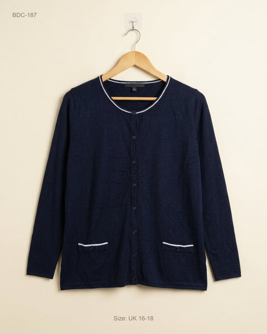 Secondhand Branded Button Down Cardigans by , Navy Blue Viscose fabric, Premium condition, for Women - Online Thrift Shop Karachi Pakistan