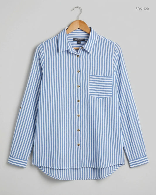 UK Imported secondhand Button Down Shirt - Marks & Spencer brand, SkyBlue & White Cotton, Premium condition, for Womens - Online Thrift Store Karachi Pakistan