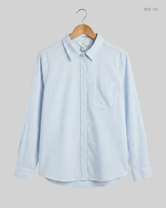 Preloved Premium Button Down Shirt by H&M, Blue & White Viscose for Womens - OTS Thrift Shop Peshawar Pakistan