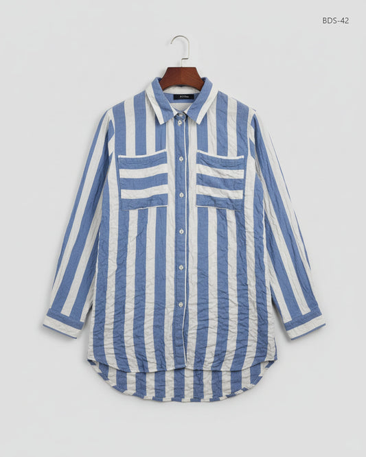 Shop Premium Button Down Shirt by H&M | Preloved Branded Clothes | White & Blue Viscose | Women | OTS Thrift Store Islamabad Pakistan
