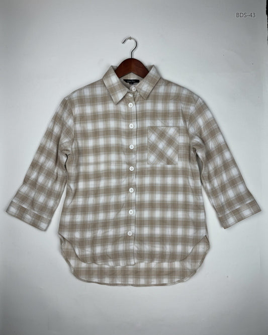 Button Down Shirt | New Look | Preloved Branded | White & Brown Cotton | Premium | OTS Thrift Store Islamabad Pakistan