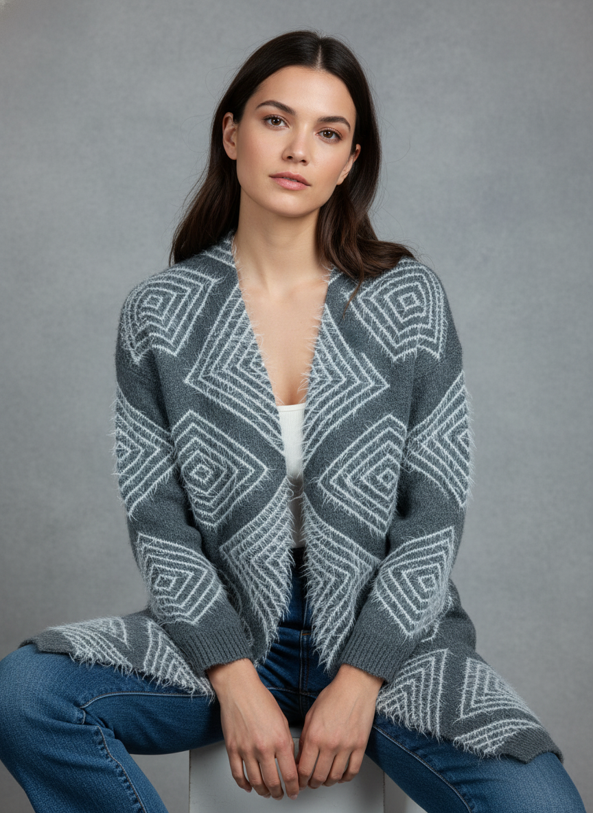 Grey & White Winter Long Cardigan by Unknown (LC-31)