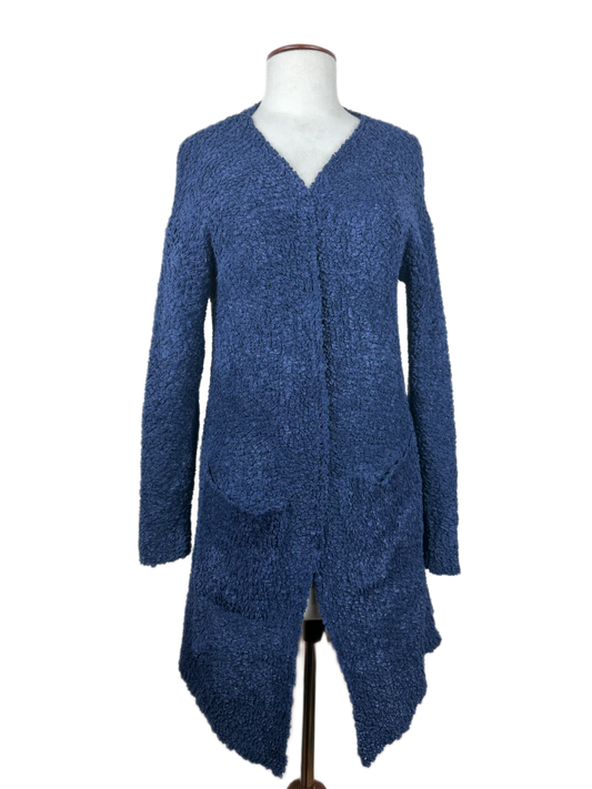 Shop Premium Winter Long Cardigans by Merokeety | Preloved Branded Clothes | Blue Polyester | Women | OTS Thrift Store Peshawar Pakistan