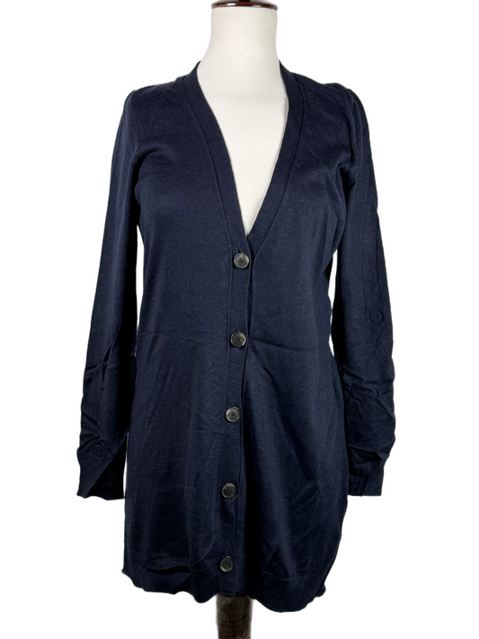 Shop PREMIUM Winter Long Cardigans by GAP | Preloved Branded Clothes | BLUE ACRYLIC | Women | OTS Thrift Store Peshawar Pakistan