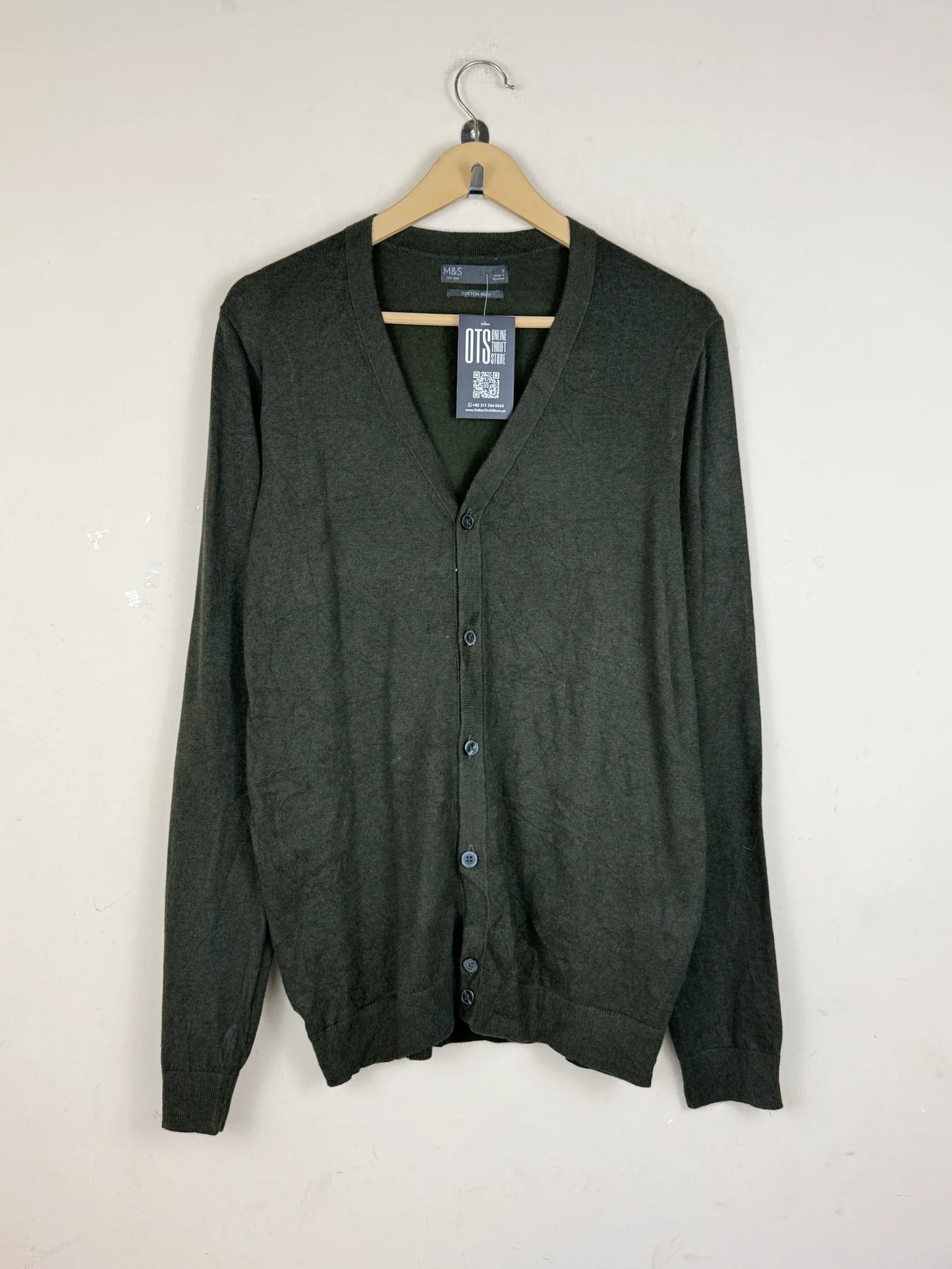 UK Imported secondhand Men's Jumpers & Sweaters - Marks & Spencer brand, Green Cotton, Premium condition, for Men - Online Thrift Store Peshawar Pakistan
