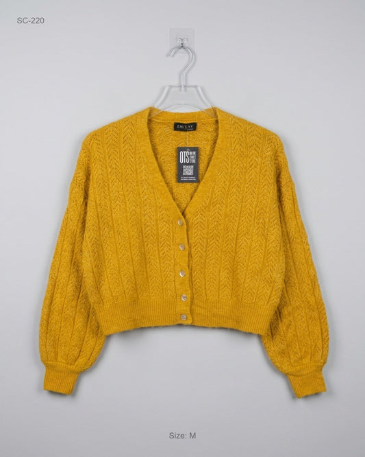 Shop Premium Short Cardigans by EN KAY | Preloved Branded Clothes | Mustered Acrylic | Women | OTS Thrift Store Peshawar Pakistan