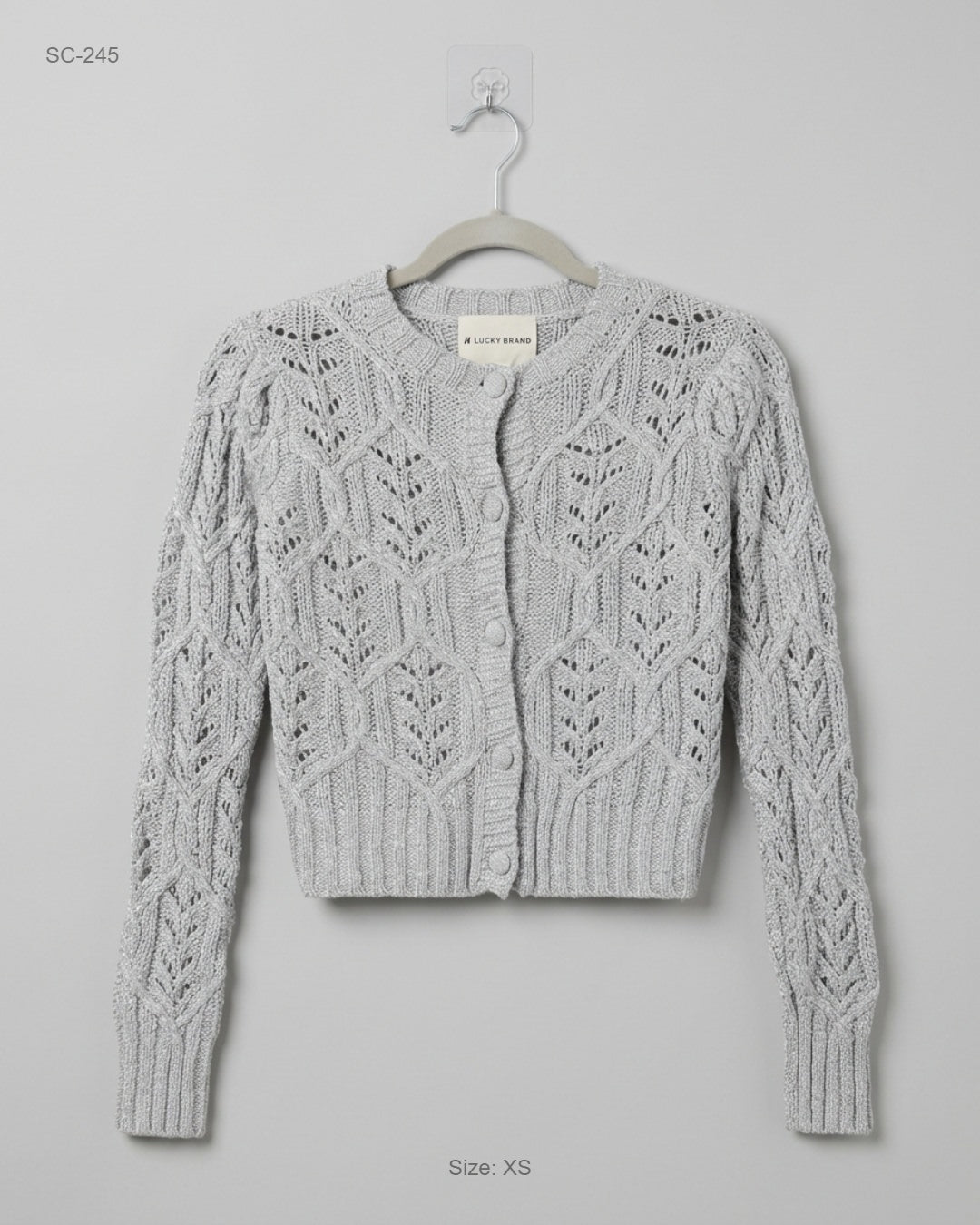 UK Imported secondhand Short Cardigans - Lucky Brand brand, Silver Acrylic, Premium condition, for Women - Online Thrift Store Peshawar Pakistan