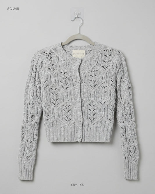 UK Imported secondhand Short Cardigans - Lucky Brand brand, Silver Acrylic, Premium condition, for Women - Online Thrift Store Peshawar Pakistan