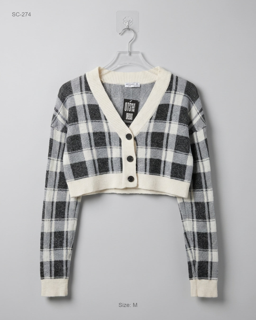 Arizona Black & White Cropped Plaid Cardigan buy preloved clothing online Pakistan