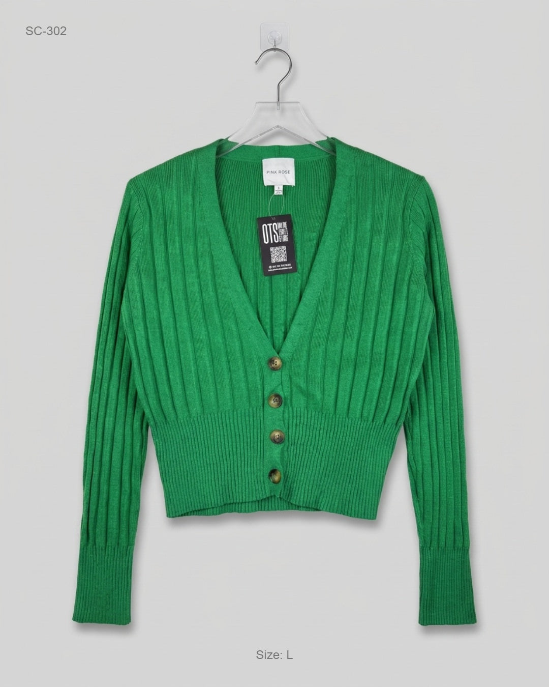 Pink Rose Green Ribbed Button-Down Cardigan buy preloved clothing online Pakistan