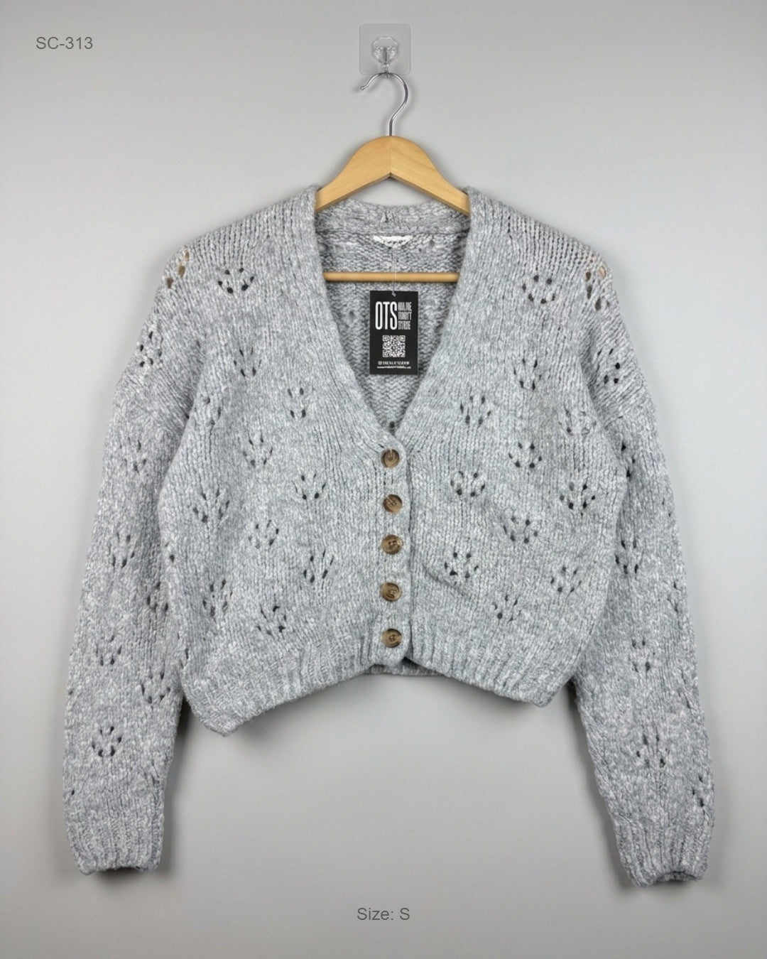 Garage Gray Cropped Pointelle Knit Cardigan buy preloved clothing online Pakistan