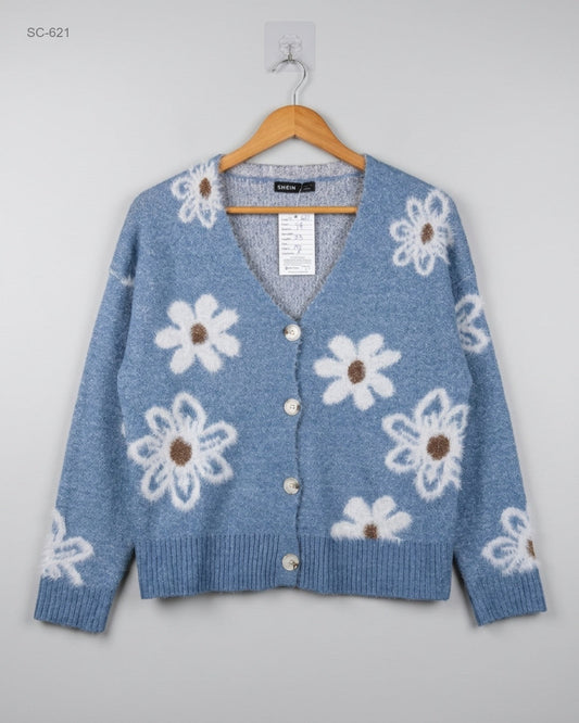 SHEIN Blue Floral Knit Cardigan buy preloved clothing online Pakistan