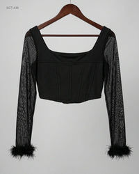 UNKNOWN (SCT-435) Corset Style Mesh Sleeve Top