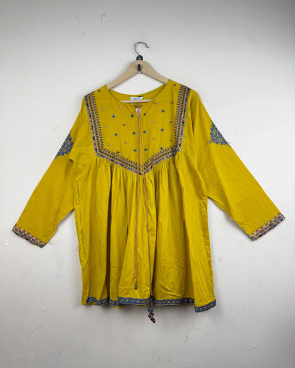 Shop Excellent Summer Kurti by CHINYERE | Preloved Branded Clothes | MUSTERED YELLOW LAWN | | OTS Thrift Store Peshawar Pakistan