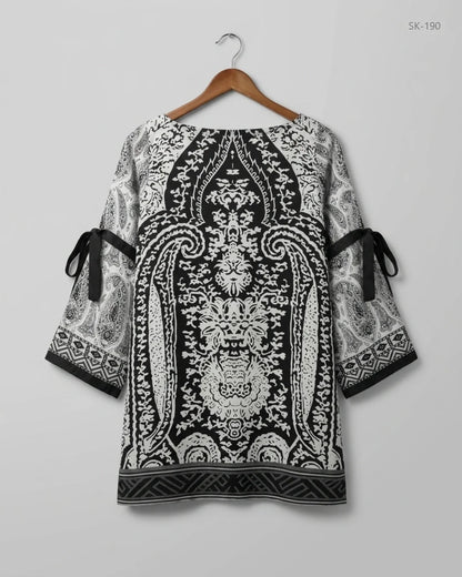 Printed Summer Kurti | KHAADI | Preloved Branded | Black & White Silk | Excellent | OTS Thrift Store Peshawar Pakistan