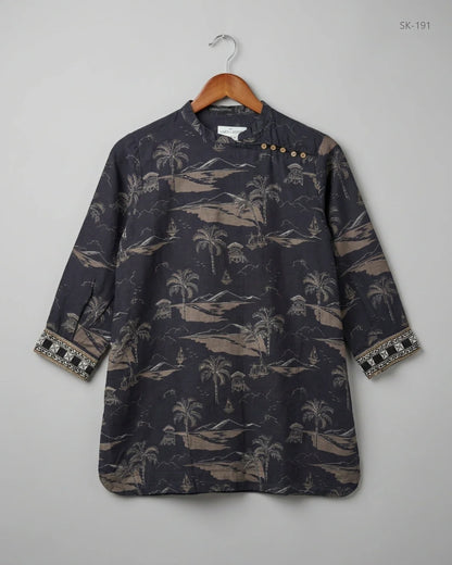UK Imported secondhand Printed Summer Kurti - LIME LIGHT brand, Black Khadar, Premium condition, for Womens - Online Thrift Store Karachi Pakistan