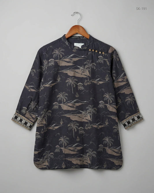 UK Imported secondhand Printed Summer Kurti - LIME LIGHT brand, Black Khadar, Premium condition, for Womens - Online Thrift Store Karachi Pakistan