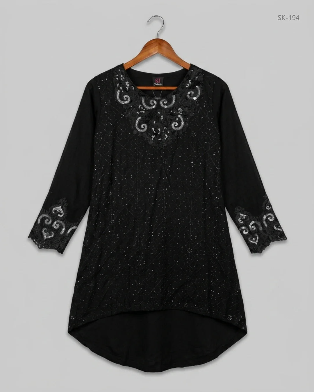 Secondhand Branded Summer Kurti by SJ, Black Cotton fabric, Premium condition, for Womens - Online Thrift Shop Lahore Pakistan