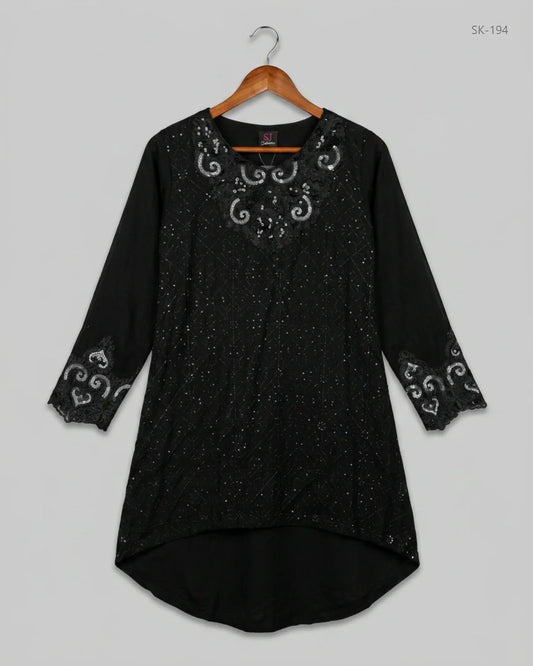 Secondhand Branded Summer Kurti by SJ, Black Cotton fabric, Premium condition, for Womens - Online Thrift Shop Lahore Pakistan