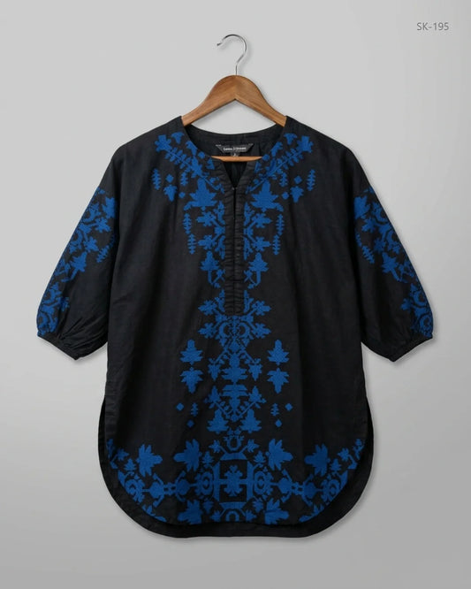 UK Imported secondhand Printed Summer Kurti - KHAADI brand, Black Lawn, Premium condition, for Womens - Online Thrift Store Peshawar Pakistan