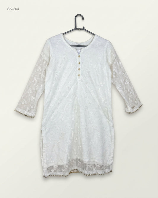 Secondhand Branded Summer Kurti by UMAN, White NET COTTON fabric, Premium condition, for Womens - Online Thrift Shop Karachi Pakistan