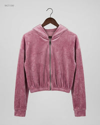 CUT LABEL (WCT-330) Velour Zip-Up Crop Hoodie