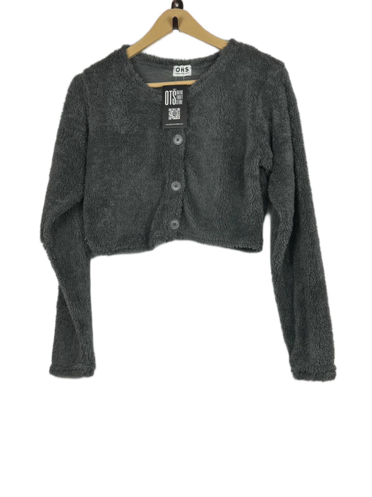 UK Imported secondhand Winter Crop Tops - OHS brand, Grey Polyester, Premium Plus condition, for Women - Online Thrift Store Peshawar Pakistan