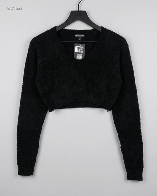 Preloved Premium Winter Crop Tops by PRETTYLITTLETHING, Black Polyester for Womens - OTS Thrift Shop Karachi Pakistan