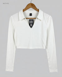 Shein (WCT-470) Long-Sleeve Ribbed Polo Crop Top