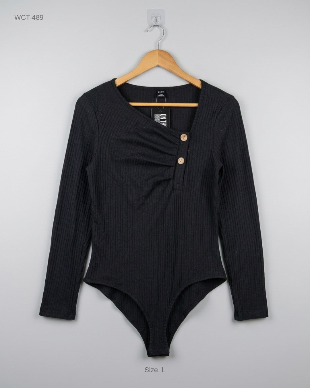 SHEIN Black Ribbed Long-Sleeve Bodysuit buy preloved clothing online Pakistan