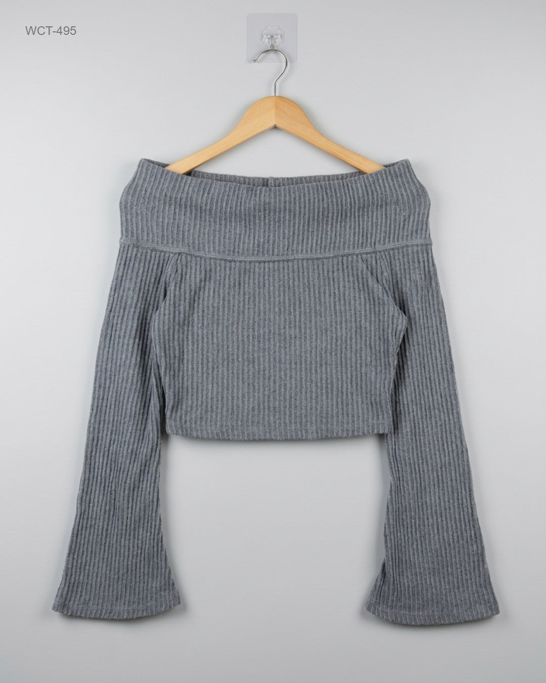 CUT LABEL Gray Off-Shoulder Ribbed Crop Top buy preloved clothing online Pakistan