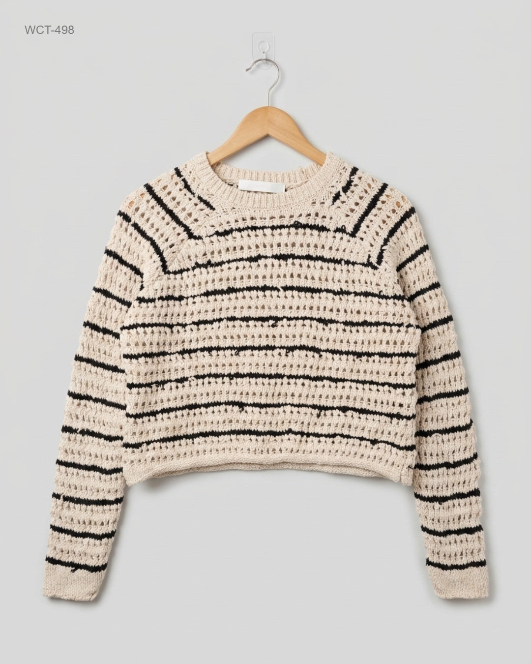 LEFTIES (WCT-498) Cropped Open-Knit Striped Sweater