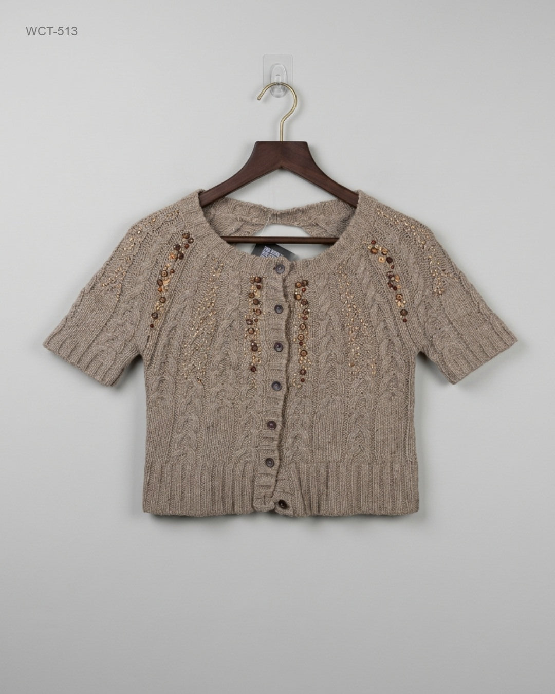 CUT LABEL Brown Short-Sleeve Beaded Knit Cardigan buy preloved clothing online Pakistan