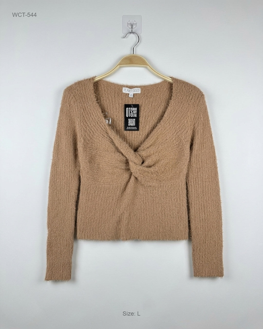 PLANET GOLD Brown Twist-Front Eyelash Knit Top buy preloved clothing online Pakistan