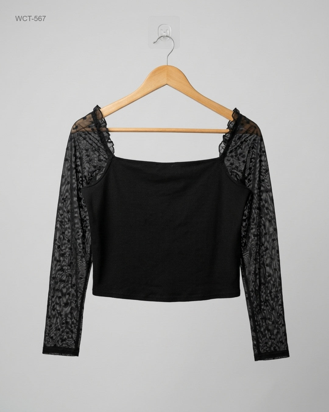 CUT LABEL (WCT-567) Square Neck Ribbed Top with Sheer Sleeves