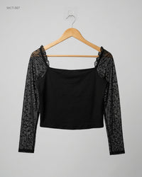 CUT LABEL (WCT-567) Square Neck Ribbed Top with Sheer Sleeves