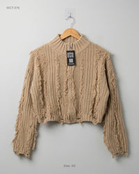 PARFOIS (WCT-576) Cropped Distressed Knit Zip-Up Cardigan