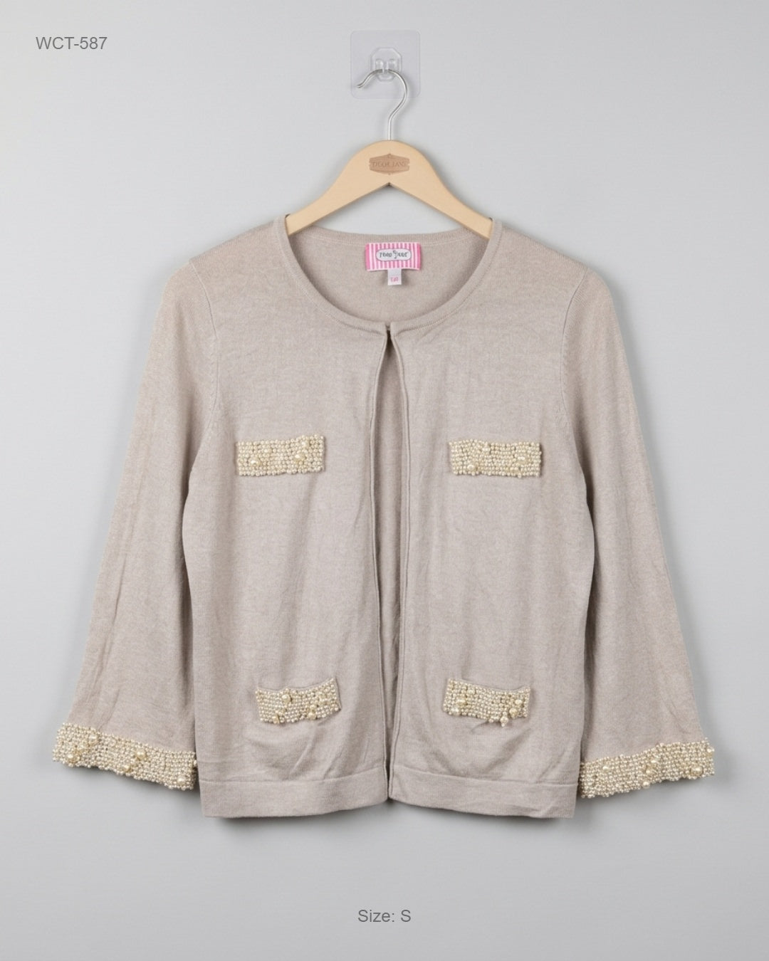 FRAN JANE Beige Pearl-Embellished Open Cardigan buy preloved clothing online Pakistan