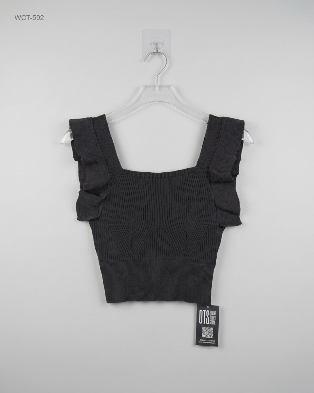 CUT LABEL Black Ruffled Ribbed Crop Top buy preloved clothing online Pakistan
